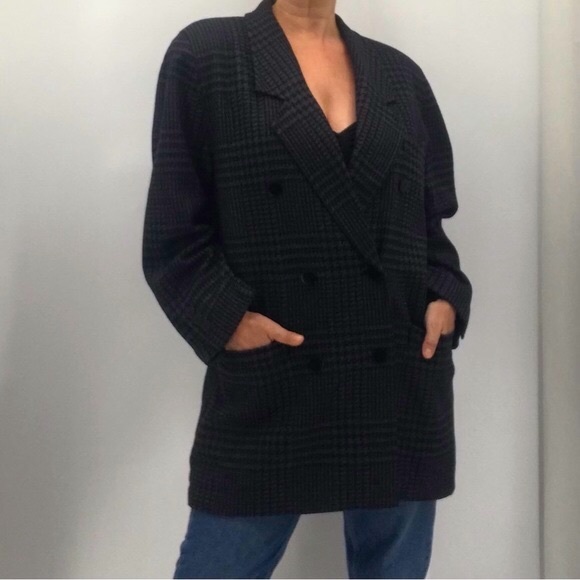 Escada Vintage 80’s Plaid Wool Oversized Double Breasted Long Boyfriend Blazer - Picture 4 of 16